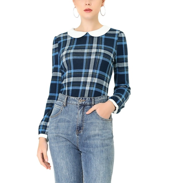 INSPIRE CHIC Chemise à Carreaux à Manches Longues Contrastées avec Col pour Femmes Peter Pan