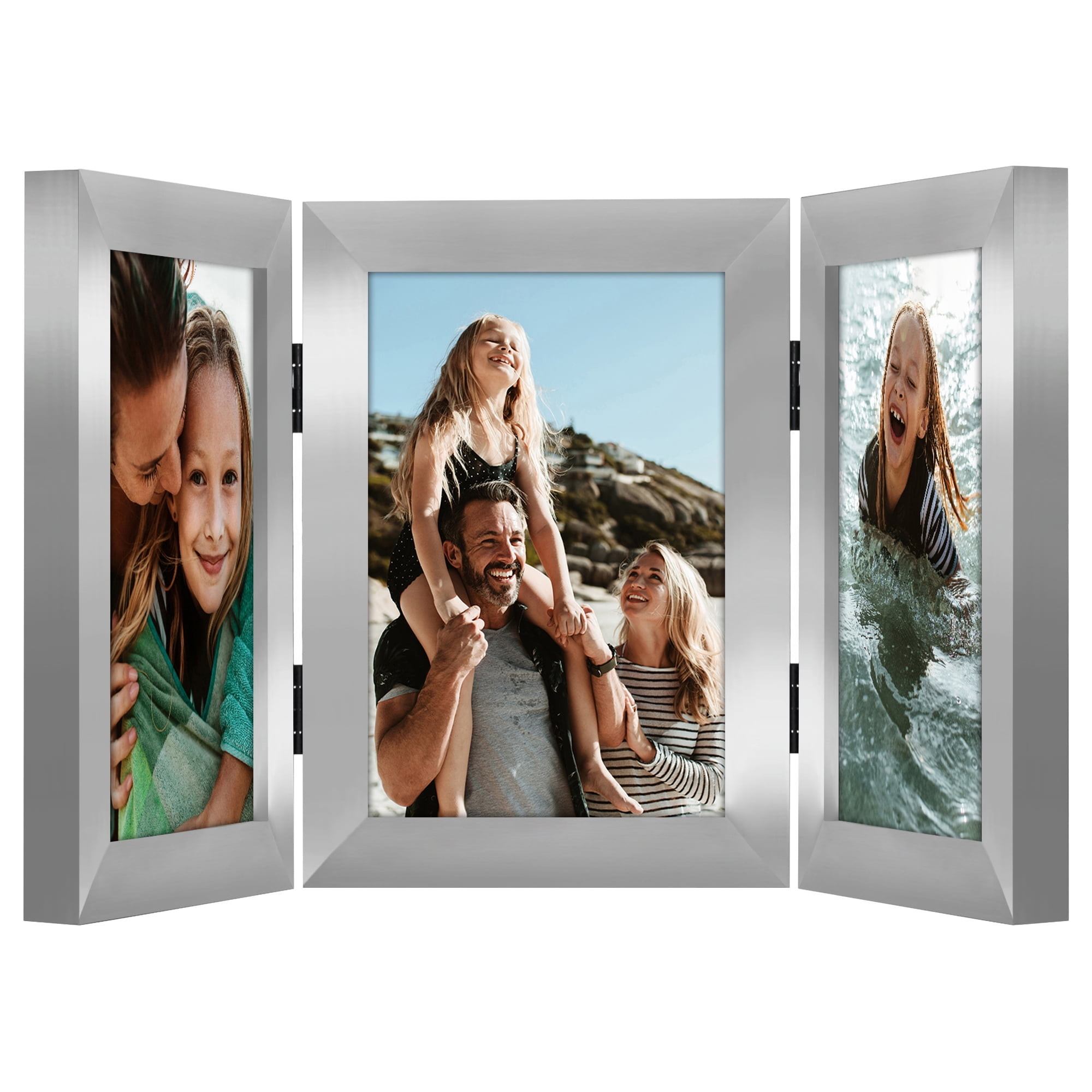 Americanflat Hinged 3 Photo Frame in Nickel Color MDF - Desk Photo Frame for 4X6" Photos - Tri Folding Picture Frame For Desk - Displays 3 Photos with Shatter-Resistant Glass Covers