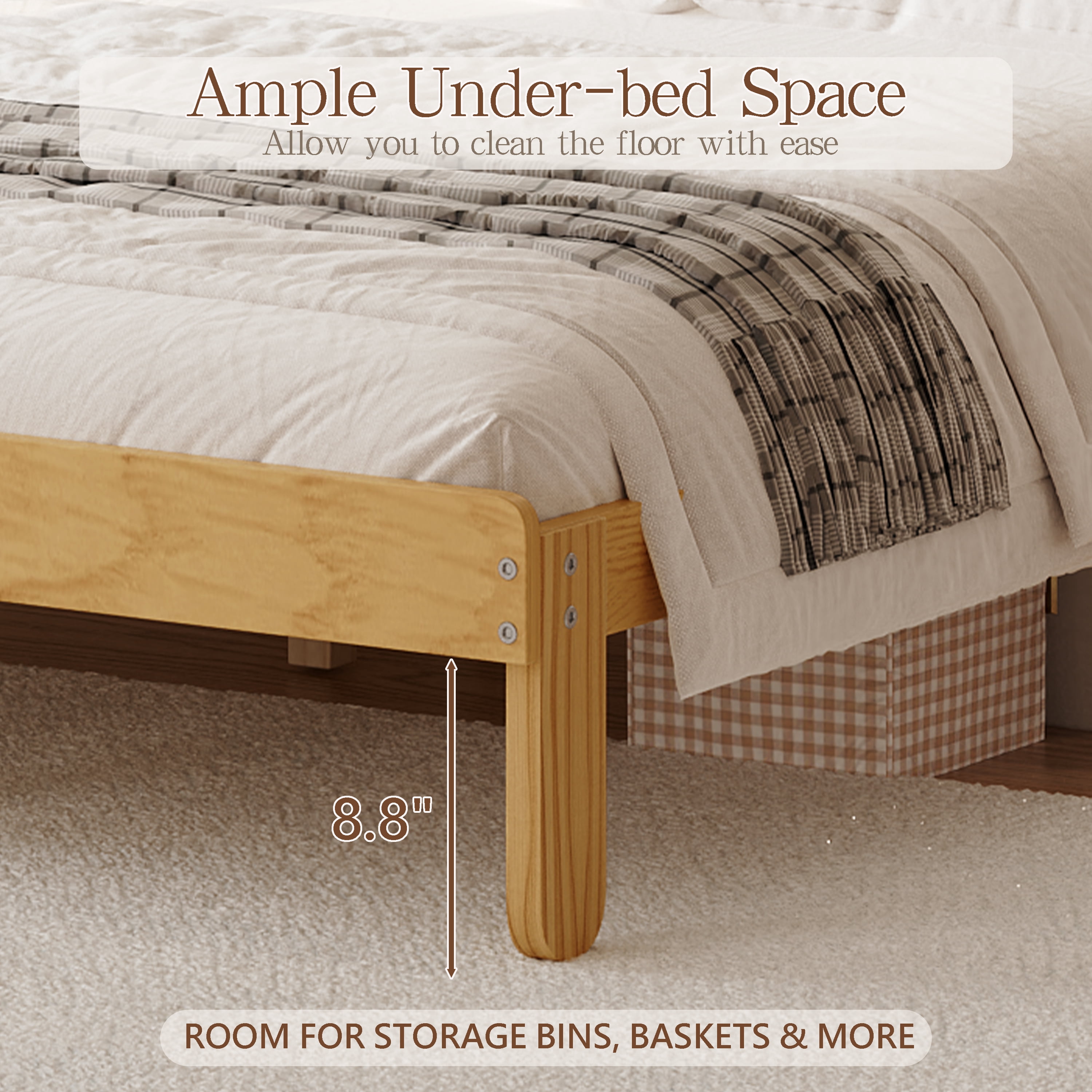 Euroco Full Size Platform Bed with Upholstery Headboard, Wood Bed Frame with Storage Shelves, No Box Spring Needed, Natural