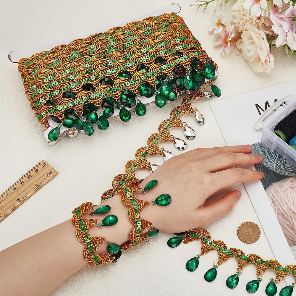 1pc 9m Hanging Beads Fringe Lace (48.5mm) Wide Green Rhinestone Bead Fringe Trim Polyester Sewing Fringe Tassel Trim by The yard for Handmade DIY Clothing Curtain Decor