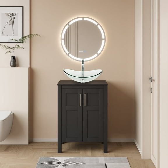 ELECWISH 24-Inch Bathroom Vanity in Black with Clear Vessel Sink Set, Modern Stand Pedestal Cabinet with Glass Sink Set