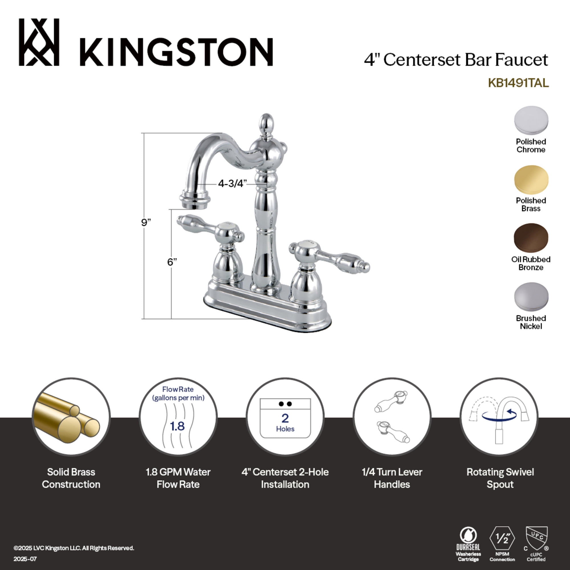 Kingston Brass KB1498TAL Tudor Two-Handle 2-Hole Deck Mount Bar Faucet in Brushed Nickel