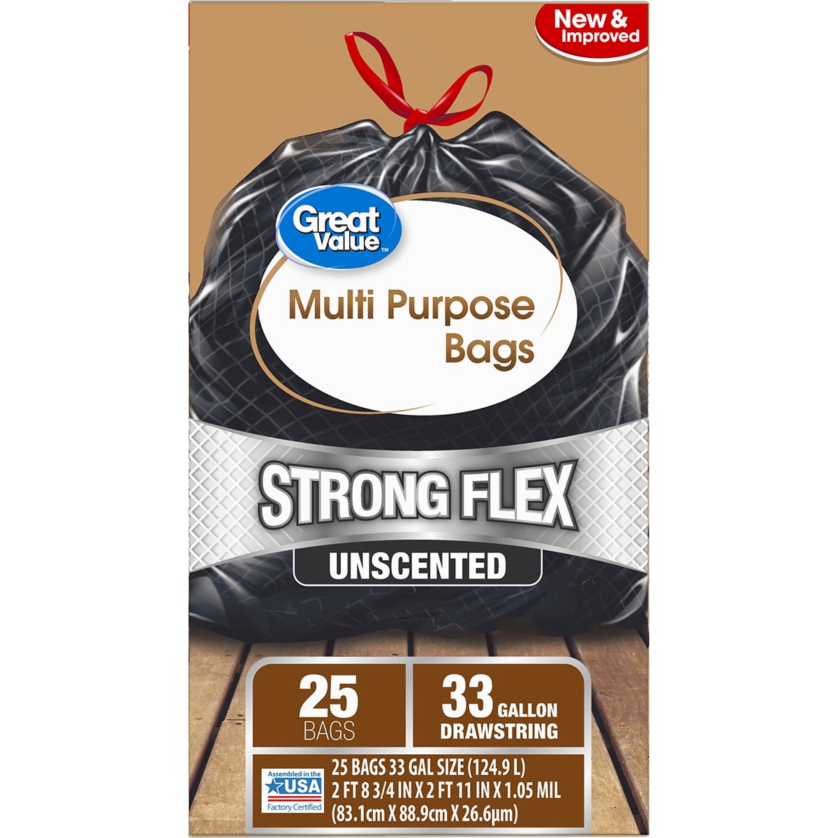 Great Value Strong Flex Multi-Purpose Trash Bags, 33 Gallon, 40 Bags (Pine Scent, Drawstring)