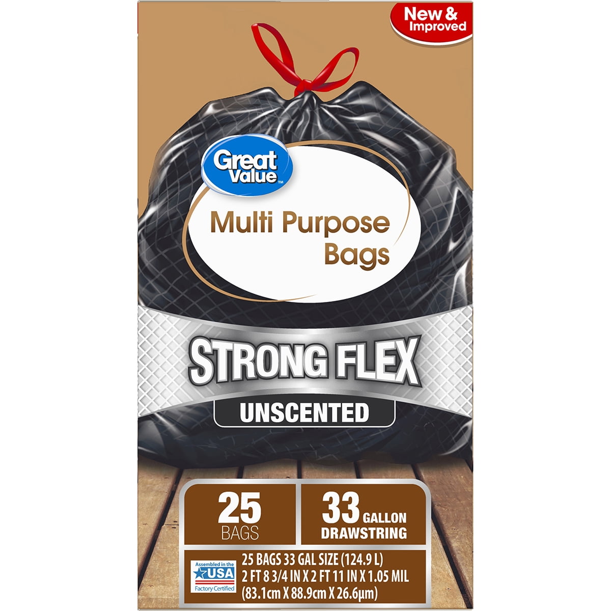 Great Value Strong Flex Multi-Purpose Drawstring Trash Bags, 33 Gallon, 25 Count
