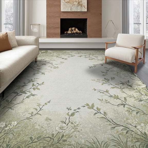 ODIKA 8'x10' Washable Area Rug Grey Botanical Vintage Border Leafy Branches Sage Greenish Woodland for Living Room, Under Sectional, Family , Durable, Non-Slip