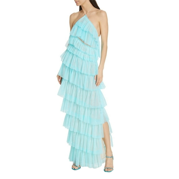 Women Ruffle Layered Mesh Tulle Dress Spaghetti Strap Backless Slit Long Dress Sexy Tiered Sheer Cocktail Party Dress