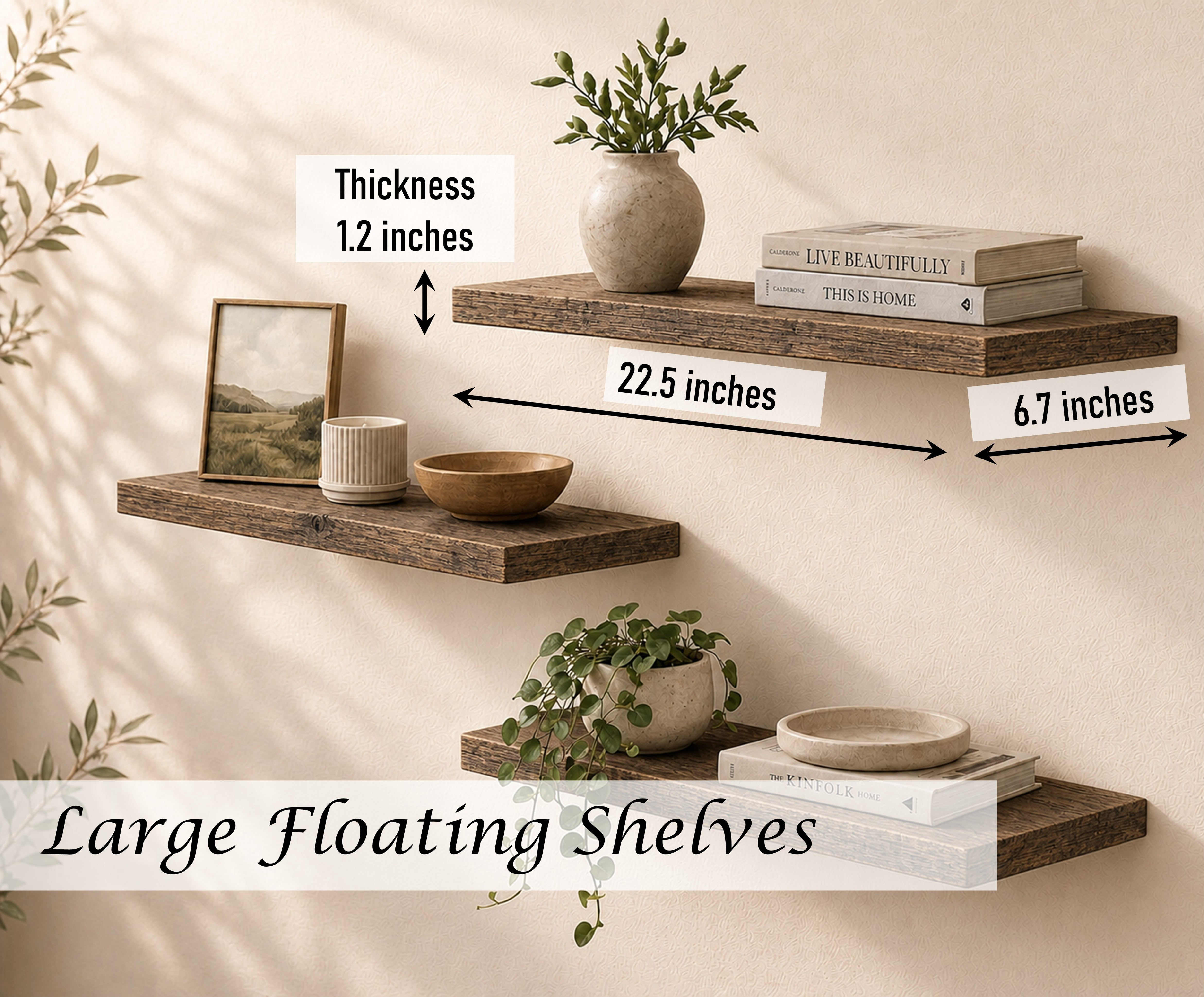 Induslyfe Large Rustic Brown Floating Wall Shelves, Wood Wall Mounted Shelf, Set, 22.5 x 6.7 in, Set of 3, shelf over toilet farmhouse decor