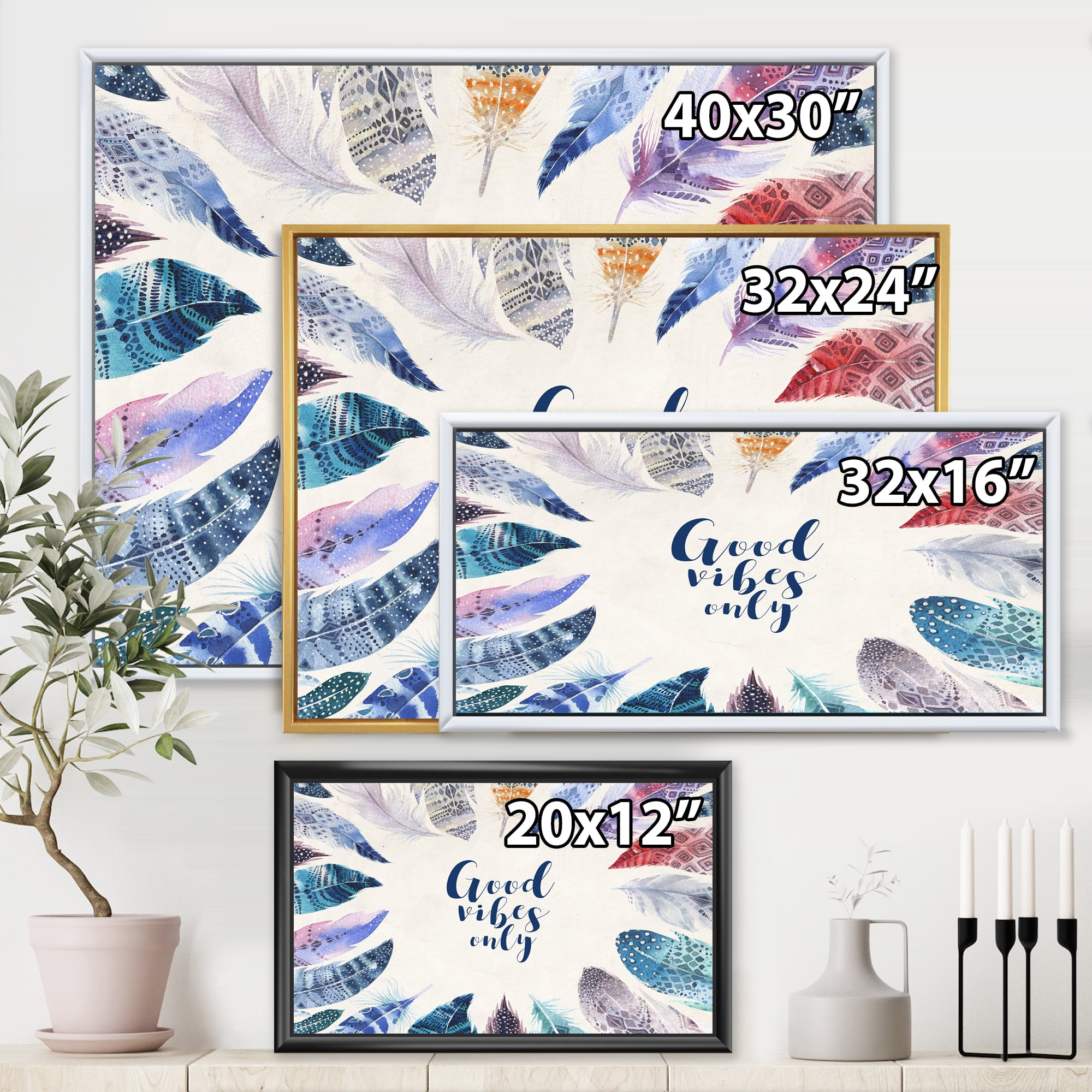 Good VIbes Only Under Vibrant Blue Feathers 20 in x 12 in Framed Painting Canvas Art Print, by Designart