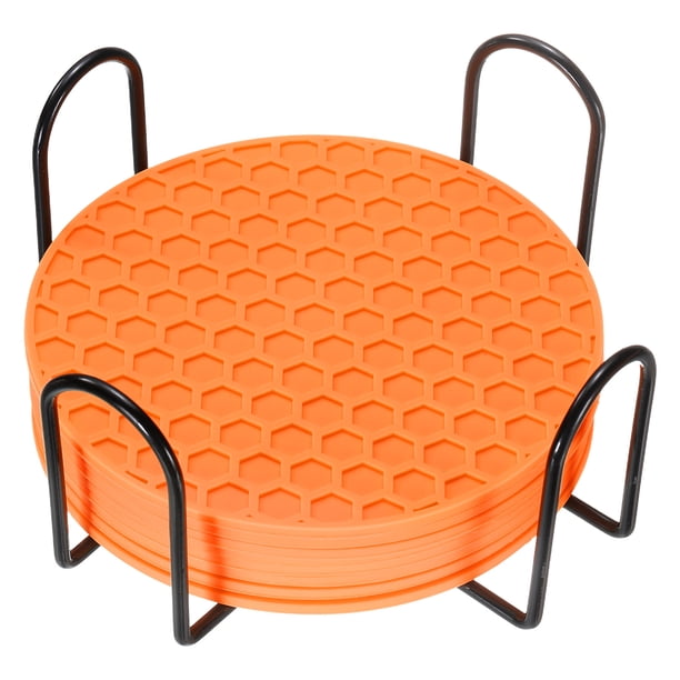 Paquete de 8 posavasos de silicona con soporte, posavasos redondo de 4 pulgadas para bebida, naranja