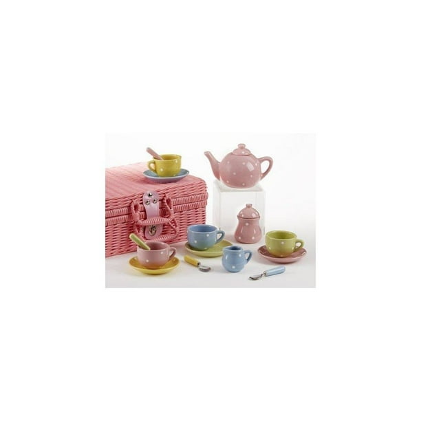 Delton Products Porcelain Tea Set with Basket and Dots (17 Piece), 4.25