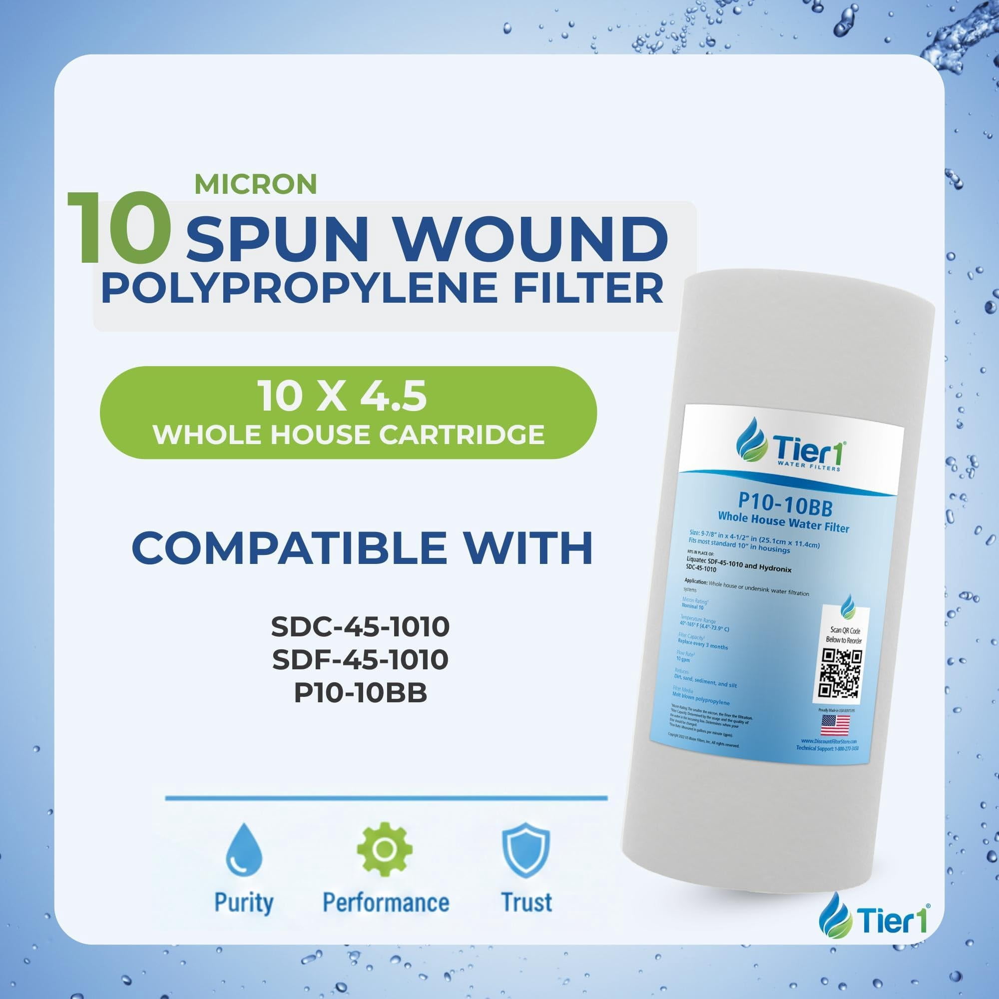 Tier1 10 Micron 10 Inch x 4.5 Inch | 4-Pack Spun Wound Polypropylene Whole House Sediment Water Filter Replacement Cartridge | Compatible with Hydronix SDC-45-1010, SDF-45-1010, Home Water Filter