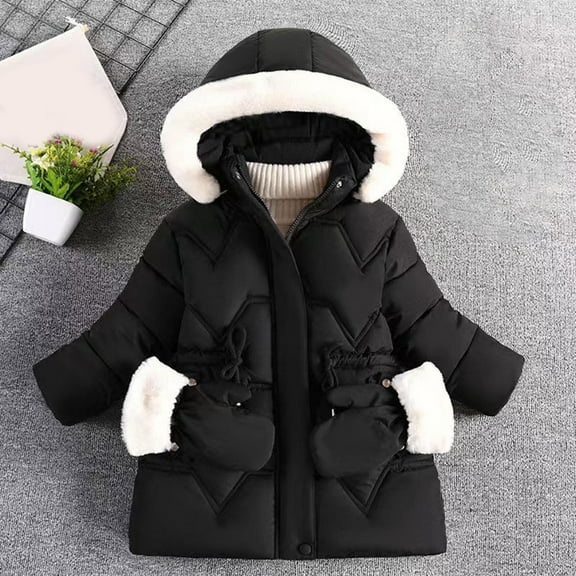 Somuwie Clearance Winter girls' thickened solid color hooded detachable hat and gloves mid-length cotton coat (3-8 years old)