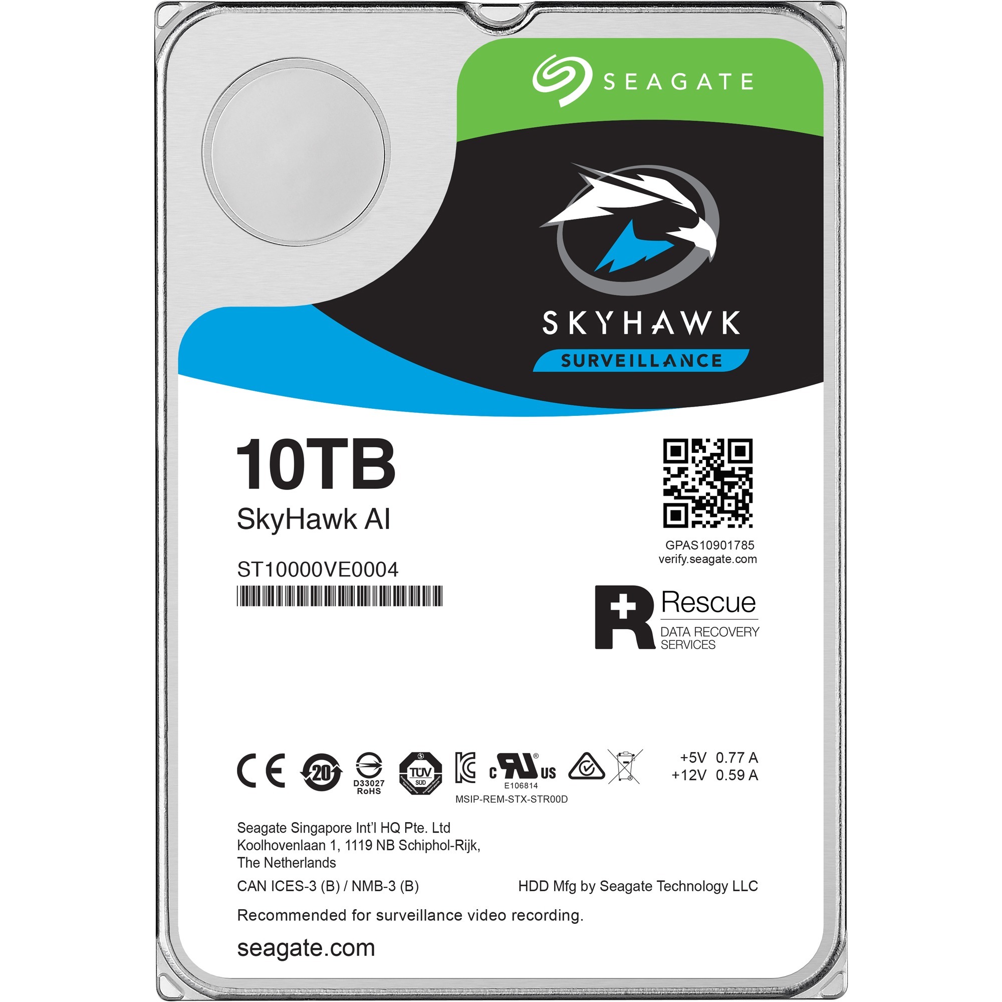 Seagate SkyHawk AI ST10000VE0004 - Hard drive - 10 TB - internal - 3.5" - SATA 6Gb/s - buffer: 256 MB - with Seagate Rescue Data Recovery - image 2 of 5