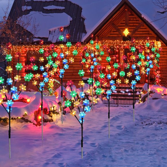 CMuloiet 4 Set Solar Christmas Snowflake Tree with 80 Multi-Coloured Led Lights for Christmas Decorations Outdoor Waterproof Pathway Landscape Lights for Outside Garden and Yard