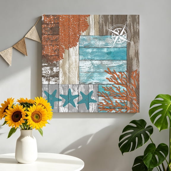 Coastal Wood Grain Canvas Wall Art for Living Room, Teal Blue Gray Stripes Starfish Coral Rustic Poster Print Painting for Bedroom Office Gallery Decoration Wall Pictures Prepare To Hang 12"x12"