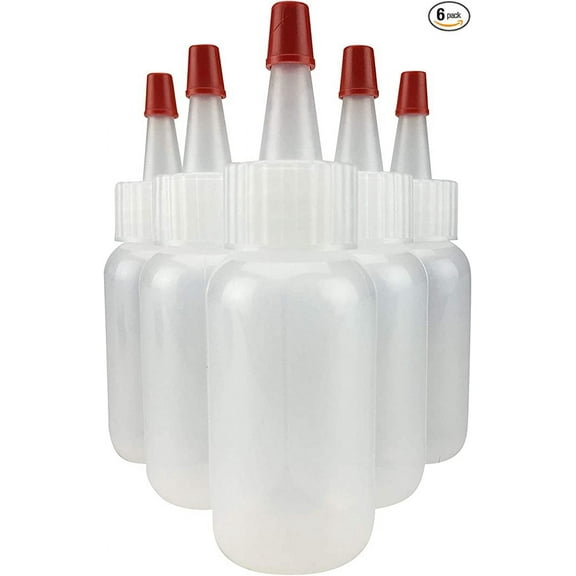 Hobbyland Squeeze Bottles, LDPE Plastic, Natural Boston Round, Yorker Spout Red Caps, Tips have .30 Hole (4oz, 24/410 Neck, 6 Bottles)