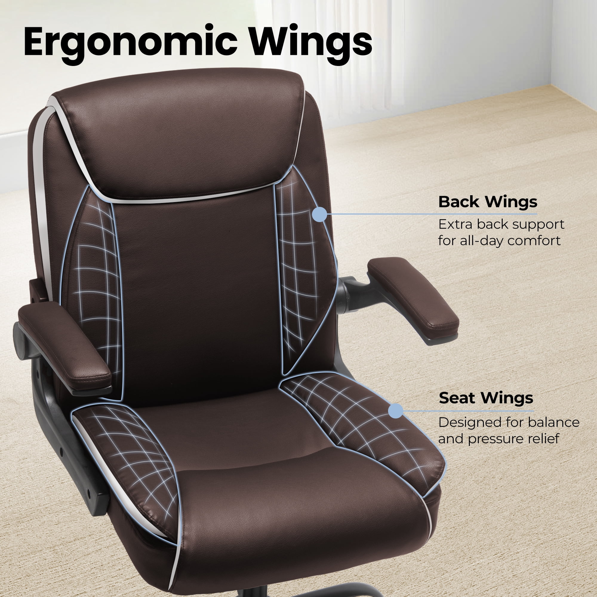 CELTOSS Leather Office Chair, Ergonomic Executive Chair with Padded Flip-Up Armrests, Mid-Back PU Computer Desk Chair, Brown