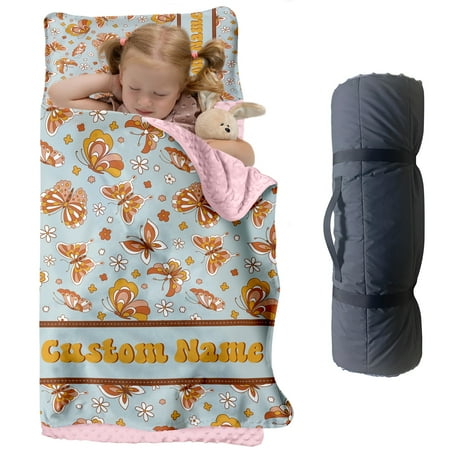 Butterfly Theme Toddler Nap Mat With Custom Name Pillow and Blanket. Ideal for Daycare Preschool and Travel. Perfect for Boys and Girls.(Cushions + Pillows22.5 x55 +Blanket size: 33.5 x 45 )