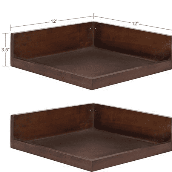 Floating Corner Wood Wall Shelves, 12 x 12 Inches, 2 Pack, Walnut Brown