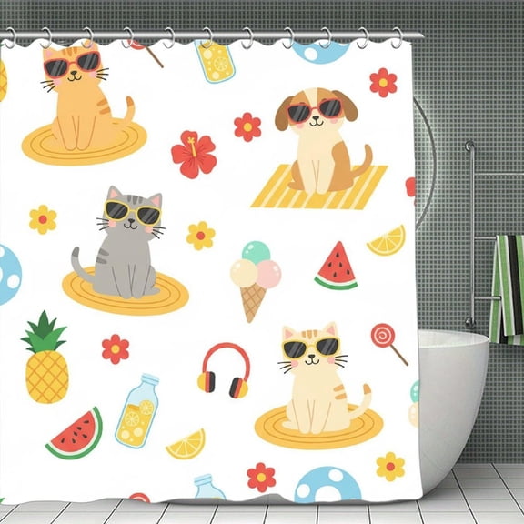 Cool Pets Summer Vacation Print Shower Curtain,Modern Fabric Waterproof Shower Curtain Set with Hooks 70.8×70.8Inch (180×180cm)