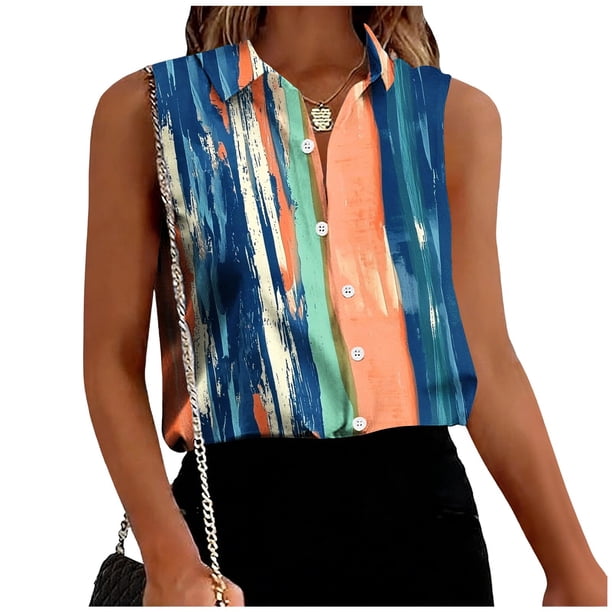 TaTaai Summer Printed Top Lightweight Soft Women's Casual Fashion Lapel Button Sleeveless Short Sleeve Loose Office Smart-Casual Blouse Gift