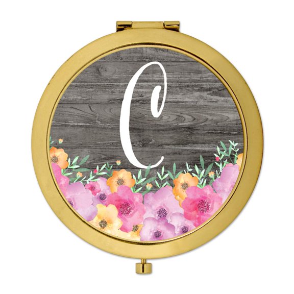 Koyal Wholesale Gold Compact Mirror Bridesmaid's Wedding Gift, Pink Floral Flowers on Rustic Gray Wood, Monogram C, 1-Pk
