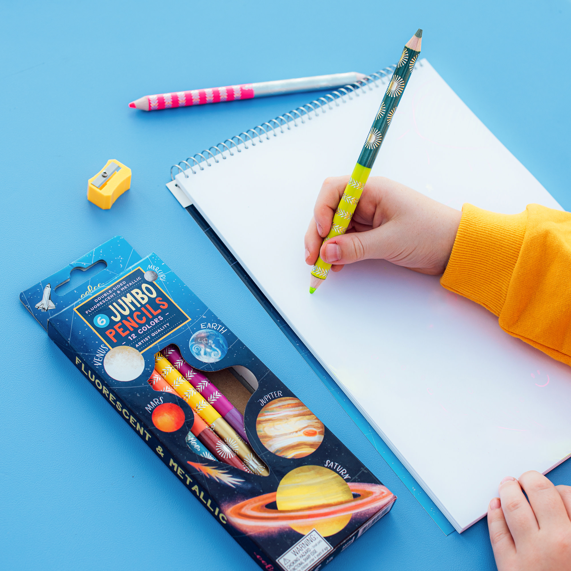 eeBoo: Jumbo Double-Sided Colored Pencils – Our Planets - 6pc Set, 12 Metallic & Fluorescent Colors, Sharpener, Chunky Foil Barrel, Kids Art Supplies