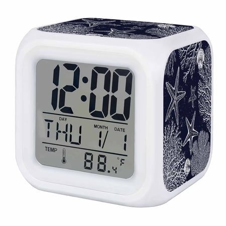 Alarm Clocks Navy Blue Coral Digital Clock 7 Color LED Night Light Silent Non-Ticking Battery Operated Ocean Starfish Shell Cube Clocks Decorative for Bedroom Bedside Living Room Office School Decor