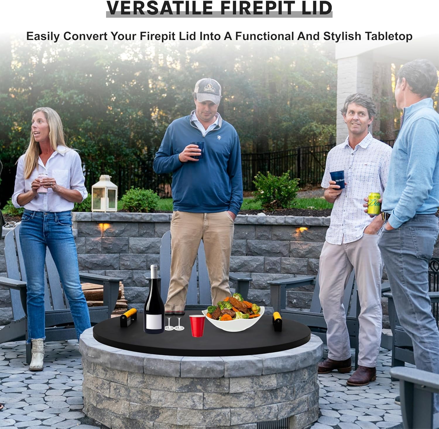 Febtech 30" Round Fire Pit Cover Heat Resistant Shield With Dual Wooden Handles Perfect for Fire Pit Inside Up to 28"