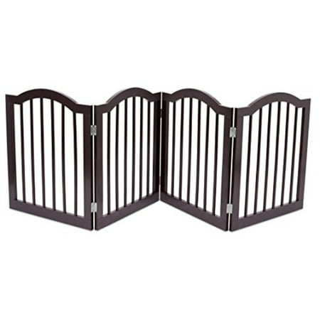 Internet's Best Pet Gate with Arched Top | 4 Panel | 24 Inch Step Over Fence | Free Standing Folding Z Shape Indoor Doorway Hall Stairs Dog Puppy Gate | Fully Assembled | Espresso | (Best Wood For Basement Stairs)