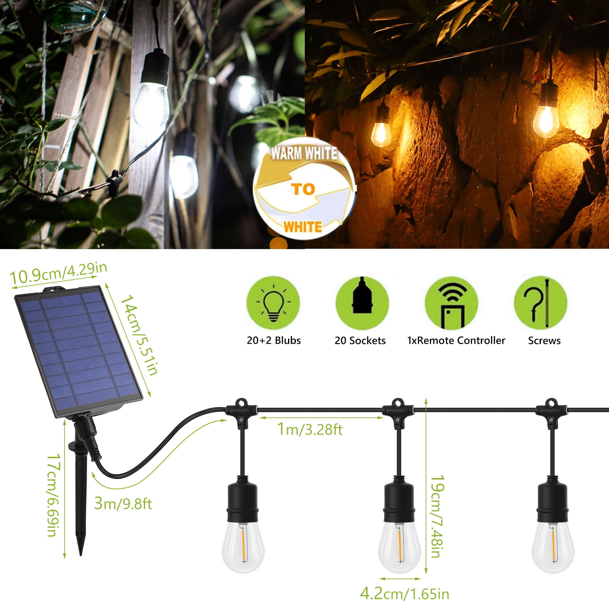 72FT Solar Powered LED Ourdoor String Lights 3 Color Changing Waterproof for Garden Patio Backyard Bistro Patry(20+2 LED Bulbs)