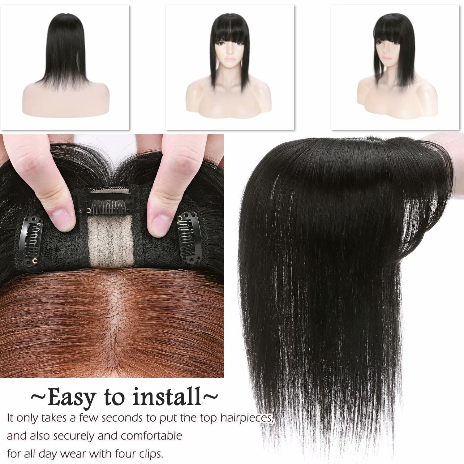 Benehair Women's Hairpieces Silk Base Clip In Topper Toupee Hairpiece With Bangs Hair Loss Black Seamless