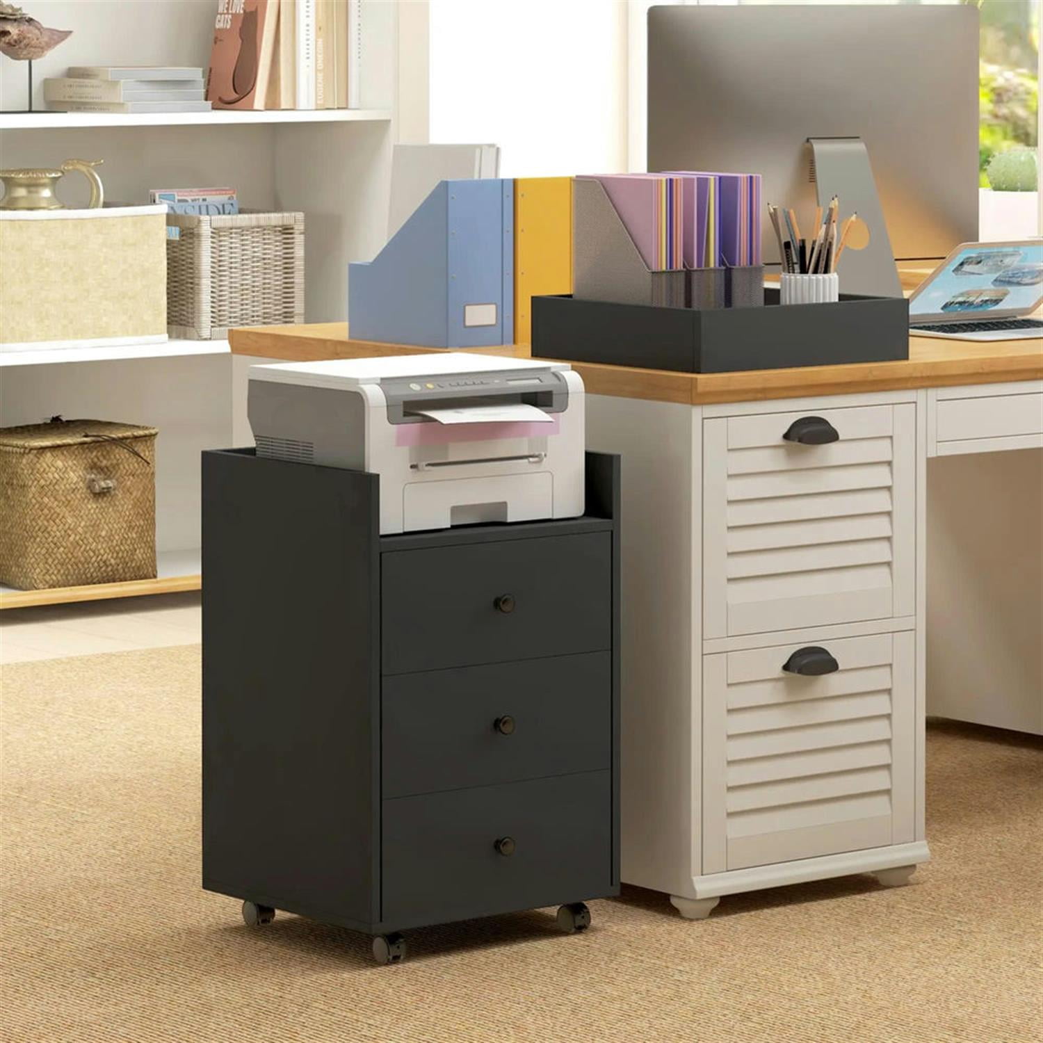 Demi Bonn Rolling Filing Cabinet with Castors, Modern 3 Drawer File Cabinet with Top Tray Under for Home Office, Desk Printer Stand, Black