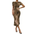 thumbnail image 2 of Women'S Tie Dye Crew Neck Hem Bodycon Short Sleves Dress Long Dresses Khaki M, 2 of 7