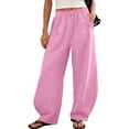 thumbnail image 2 of UVEASISHA Women Drawstring Pants Cotton Linen Summer Pants Striped Wide Leg Vacation Pants Lightweight Casual Beach Pants with Pockets Pink XXL, 2 of 10