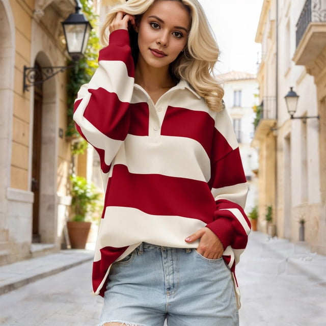 Women Striped Color Block Polo Sweatshirt Lapel Collared Long Sleeve Oversized Shirt Trendy Spring Clothes (Wine M)