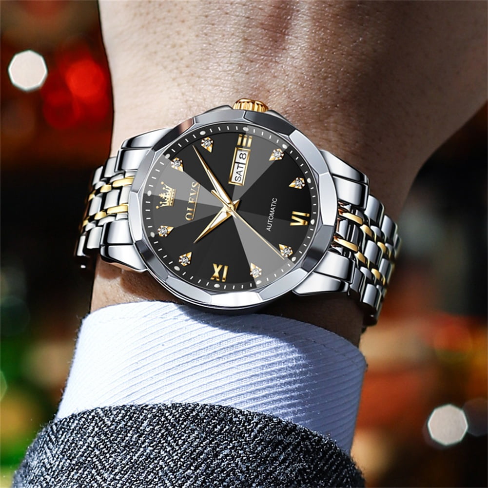 OLEVS Automatic Watches for Men Self Winding Mechanical Luxury Dress Stainless Steel Two Tone Strap Diamond Waterproof Luminous Date Mens Wrist Watches Reloj Para Hombre Black/Blue/Gold/White