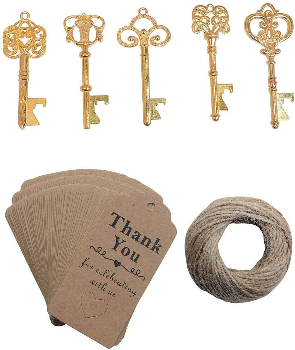 Bronze Tone,5 styles 50pcs Skeleton Key Bottle Opener Wedding Party Favor Souvenir Gift with Escort Tag and Jute Rope 