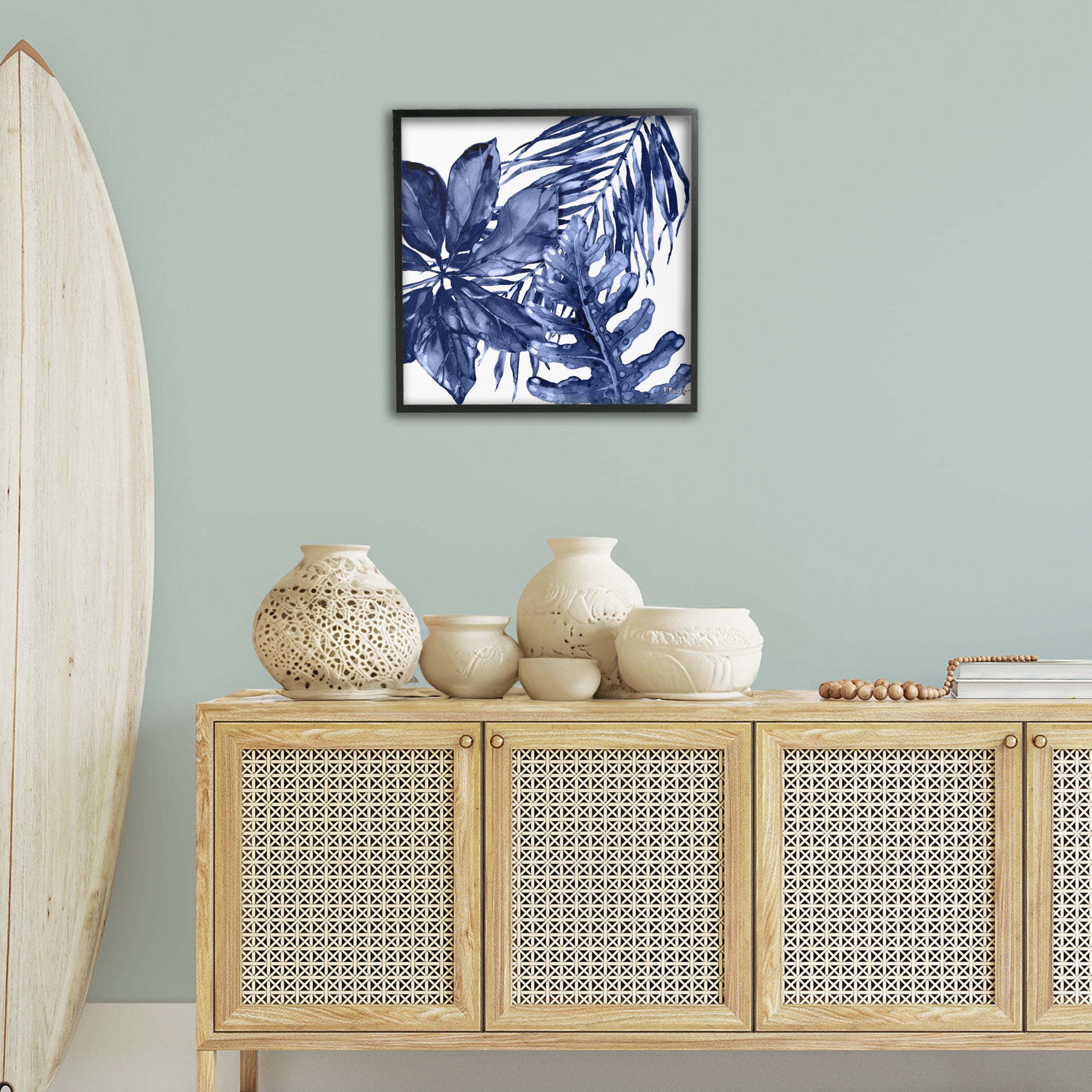 Stupell Industries Blue Hued Plant Leaves Botanical & Floral Painting Black Framed Art Print Wall Art, 24 x 24