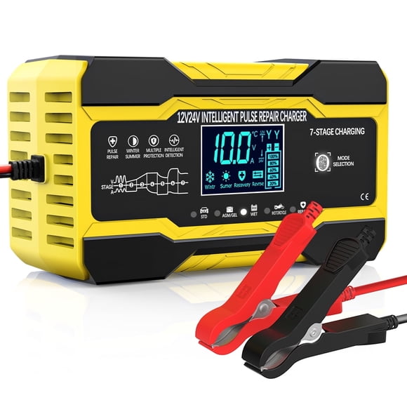 Batería de Auto de 10 Amperios Charger, Batería Inteligente Totalmente Automática de 12V y 24V con Mantenedor de Goteo Charger con Compensación de Temperatura para Camión, Motocicleta, Césped, Barco,