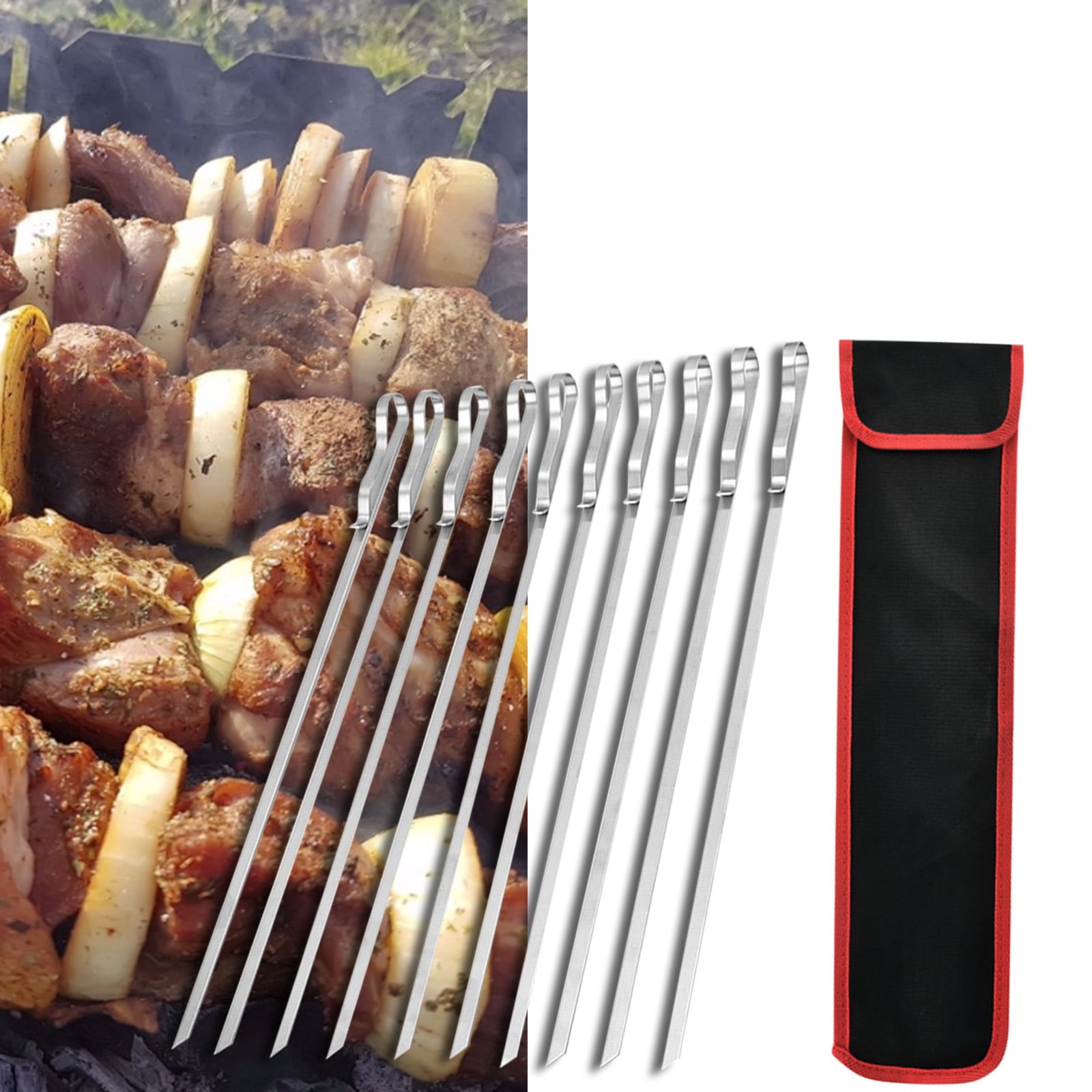 10X BBQ Barbeque Stainless Steel Shish Skewers Kebab Flat Long Grill Sticks 