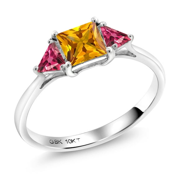 Gem Stone King 10K White Gold Yellow Citrine and Pink Tourmaline 3-Stone Engagement Ring for Women | 0.92 Cttw | Princess Center 5MM | Trillion 3.5MM | Three Stone Wedding Anniversary Ring | Size 6