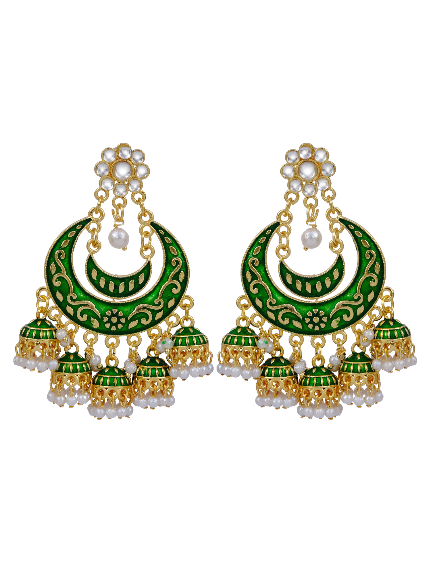 Crunchy Fashion Indian Bridal Jhumka Earrings - Gold Plated Meenakari With Pearls & Crystal - View #9