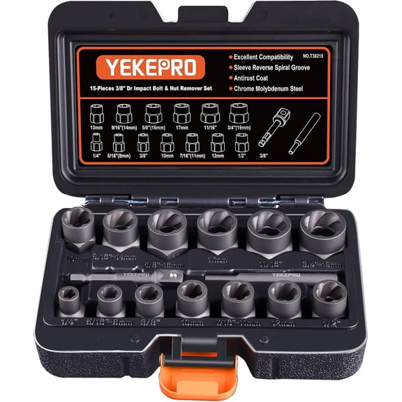 15 PCS Bolt Extractor Set, 3/8" Drive Impact Bolt & Nut Remover Socket Tool Kit, Stripped For Damaged, Frozen, Studs, Rusted, Rounded-Off Bolts, Nuts & Screws, Cr-Mo Steel, T38215