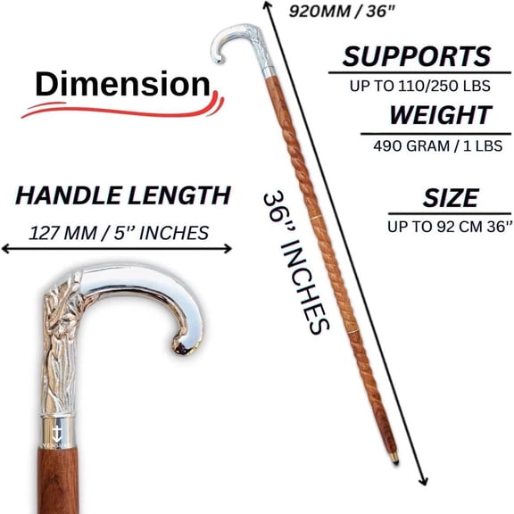Classic Silver Handle Wooden Walking Cane – Vintage Curved Handle Designer Gift