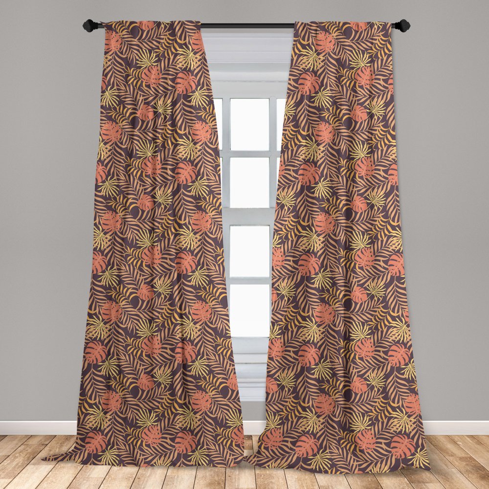 Jungle Curtains 2 Panels Set, Tropical Foliage Palm Tree Leaves Hawaiian Paradise Natural