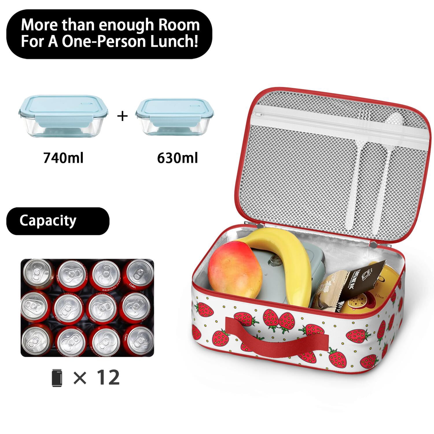 Lightweight Insulated Lunch Bag with Strawberry Strawberries Cute Red Sweet Kawaii Fruity Strawberry Lover I Love Strawberries Fruit Fresh Summer Red Berry Berry Berries Flowers Designs – Durable Lun