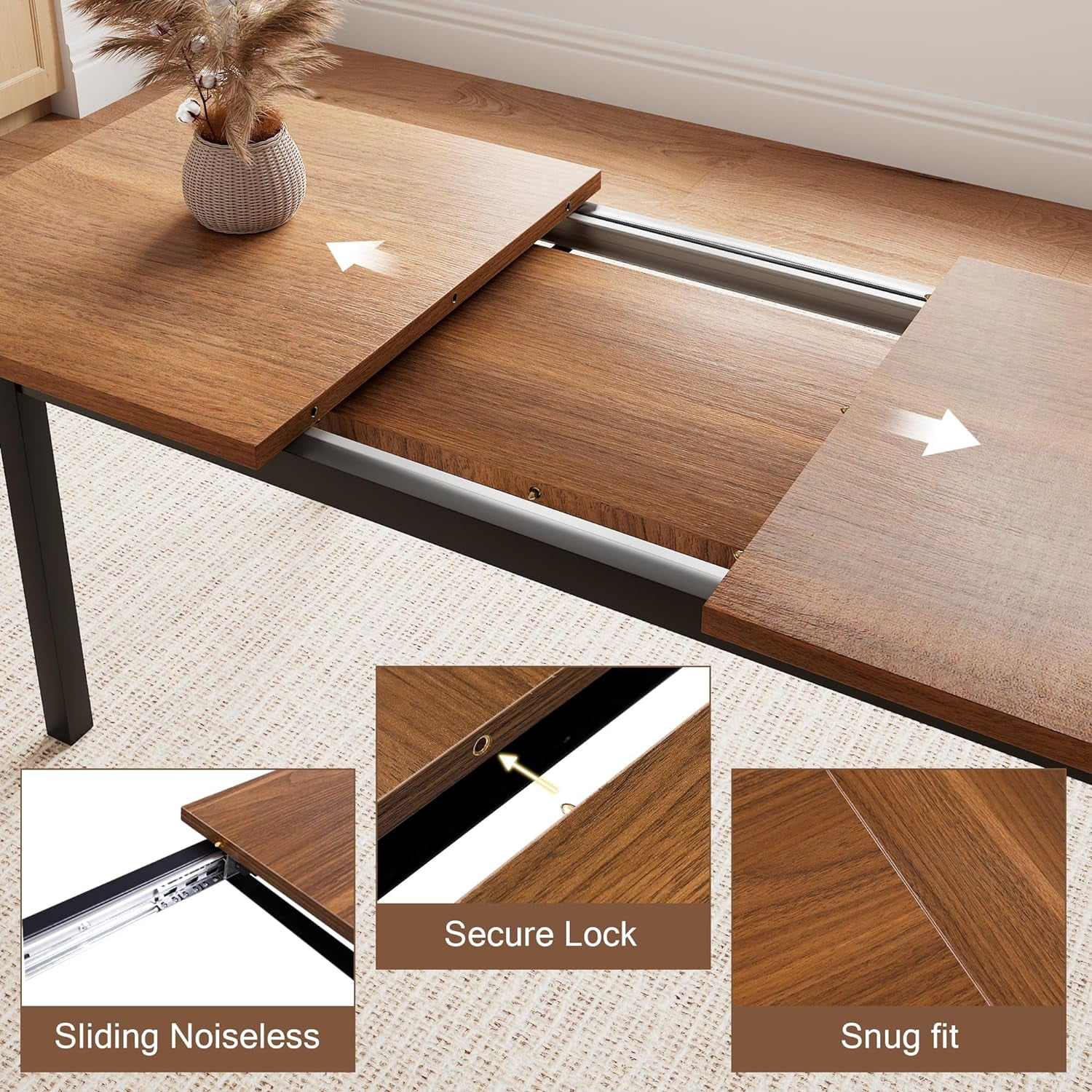 Honfach 5 Piece Dining Table Set for 4-8 People, 63" Large Extendable Kitchen Table Set with 2 Benches and 2 Square Stools, Walnut