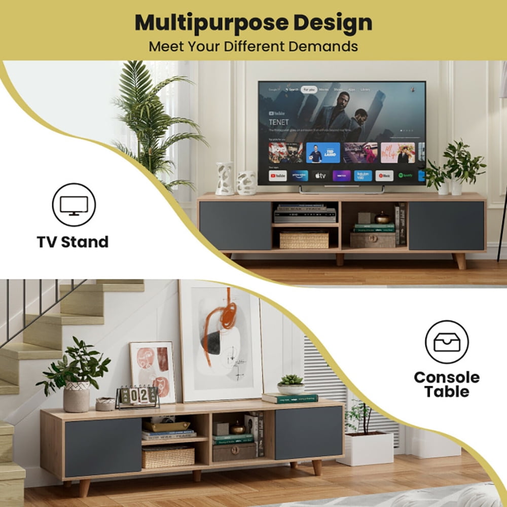 Finihen TV Stand, TV Cabinet, 63 Inch TV Stand with 2 Doors and Open Shelves, for Living Room, Bedroom, Sanremo Oak & Dark Grey