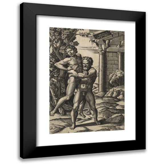 Marcantonio Raimondi 11x14 Black Modern Framed Museum Art Print Titled - Hercules and Antaeus (1520)